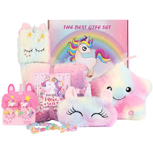FIIOEOY Unicorn Gift Box for Girls Age 6-8, Unicorn Plush Toy Set with Glow in The Dark Blanket Light Up Star Pillow Eye Mask Crossbody Bag, Birthday...