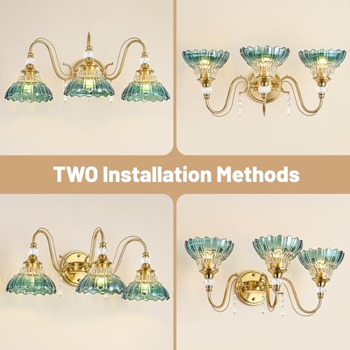 Image of Vintage Bathroom Vanity Light, 3-Light Brushed Gold Finish Wall Sconce with Hanging Crystal Accents and Flower-Shaped Teal Glass Shades, Retro Wall Mount Vanity Light Over Mirror for Bathroom