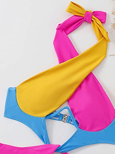Makemechic Women's Color Block Cut Out Halter Criss Cross Underwire One Piece Swimsuit Monokini Bathing Suit Multicolored M #TOP4