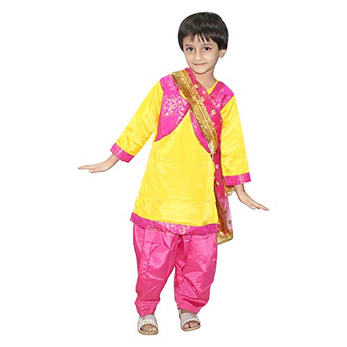 Image of Kaku Fancy Dresses Indian State Punjabi Folk Dance Costume For Kids /Salwar Suit With Dupatta For Girl Costume - Yellow & Magenta, 3-4 Years