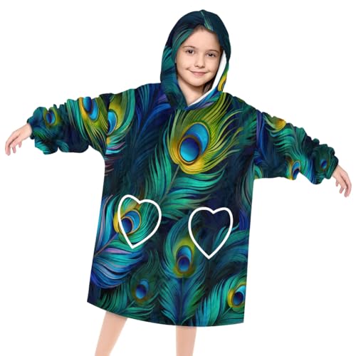 Wearable Blanket Hoodie for Kids, Feathered Peacock Fleece Sweatshirt Blanket Oversized Blanket Sweatshirt with Pocket Flannel Warm Hooded Blanket 6-10 Year Old Girl Boy Gift, One Size