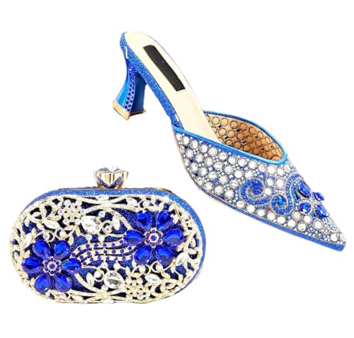 Chaussures strass confortables taille 44 bleu marine avec pochette