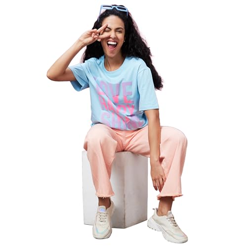 Image of Globus Women Pink Boxy Fit Typography Cotton T-Shirt-3639407001