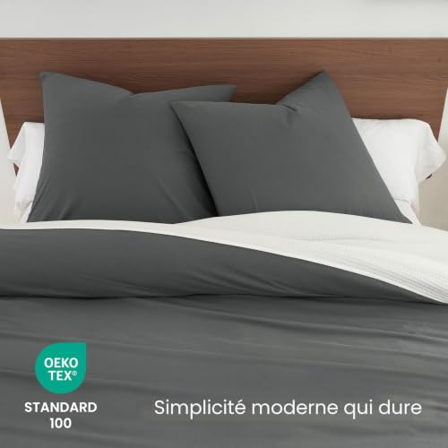 Housse de couette 240x220 polyester microfibre grise avec parure de lit 3 pièces