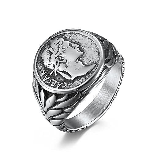 OIDIMS Vintage Roman Caesar Rings Stainless Steel Statement Thumb Middle Knuckle Finger Ring Comfort Fit Personalise Biker Cool Jewelry Gifts for Men Women Bff Birthday Xmas