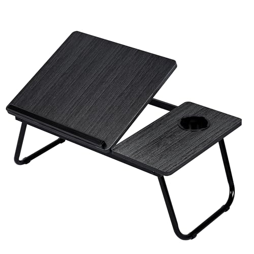 Mesa Reclinable para Cama y Sofá, Bandeja Plegable con Portavasos, Ideal para Ordenador Portátil y Libros, con Cinco Alturas, Mesita Auxiliar Multiusos de MDF, Acero y Plástico