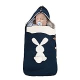 Kinder Gestrickter Kapuzenschlafsack Unisex Baby Cartoon-Print Schlafsack mit Kapuze Dicke warme Kinderwagendecke Neugeboren süßer Hasenschwanz Sanft Wickeln Swaddle Decke Kleinkind Steppdecke