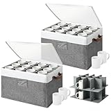 GlikCeil 2 Pack 2 Layer Mug Storage Box with Dividers Quilted Coffee Cup Storage Organizer with Zipper Lid and Handles Stackable Cup Organizers for 24 Coffee Mugs Moving Glassware Protection
