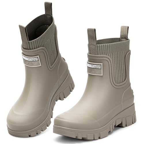 FOGOIN Women Chelsea Rain Boots Mid-Calf Waterproof Lightweight Non-Slip Garden Booties Warm Lined Comfortable Slip On
