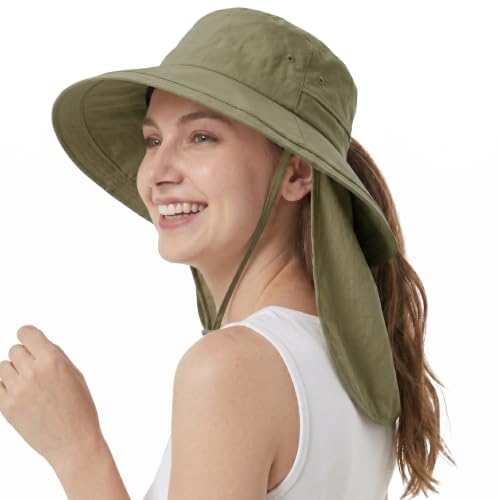 Wide Brim Sun Hat for Women with Ponytail Hole & Neck Flap Fish hat(Green)