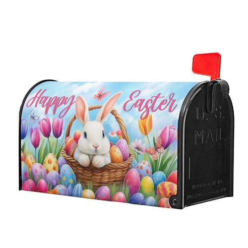 Image of Spring Easter Mailbox Covers Easter Bunny Eggs Mailbox Cover Magnetic Standard Size 21 inchx18 inch Happy Easter Mailbox Wrap Spring Floral Tulips Post Letter Box Cover for Home Outdoor Garden Mailbox Decor