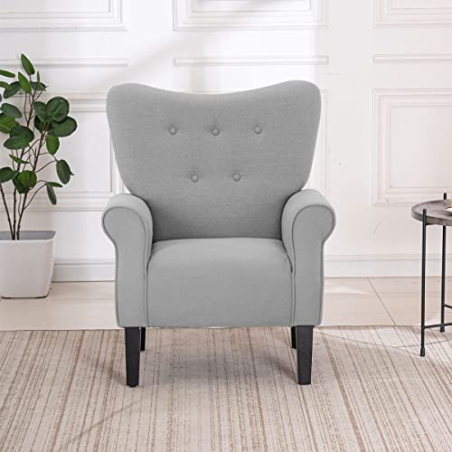 Mellcom Mid Century Wingback Arm Chair,Modern Upholstered Fabric High Back Accent Chair With Wood Legs,Upholstered Single Sofa Club Chair For Living Room, Bedroom, Home Office, Gray #TOP4