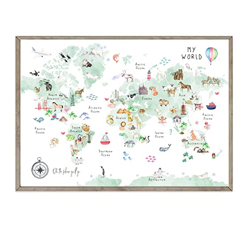 Image of Joocrise Green Kids World Map Wall Art Animal Map Canvas Wall Art Nursery Wall Decor World Map Poster Childrens Room Decor Playroom Prints Educational Artwork 16x24 Inch Unframed