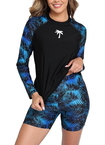 Halcurt Bathing Suit for Women All Covered Two Pieces Shorts and Top Swimsuit Palm 2XL