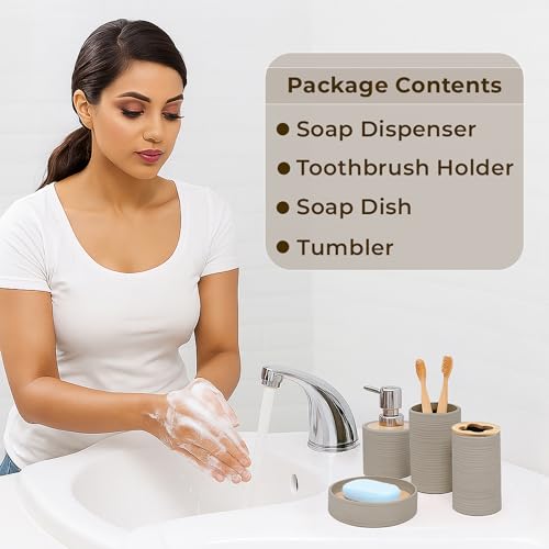 Image of Story@Home 4 Pieces Bathroom Accessories Set - Brown | Toothbrush Holder, Soap Dispenser, Mouth Wash Cup & Soap Dish for Home Kitchen & Bathroom | Bathroom Essentials for Offices