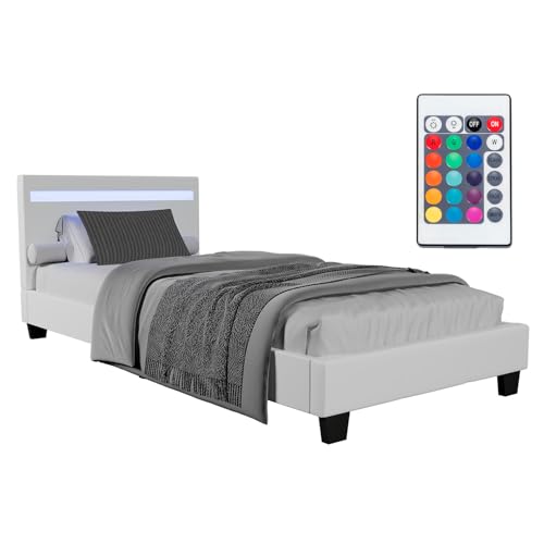 Juskys Polsterbett Verona 90x200 cm mit LED-Beleuchtung, Lattenrost & Kopfteil, Bett mit Gestell aus Holz & Kunstleder Bezug, weiß