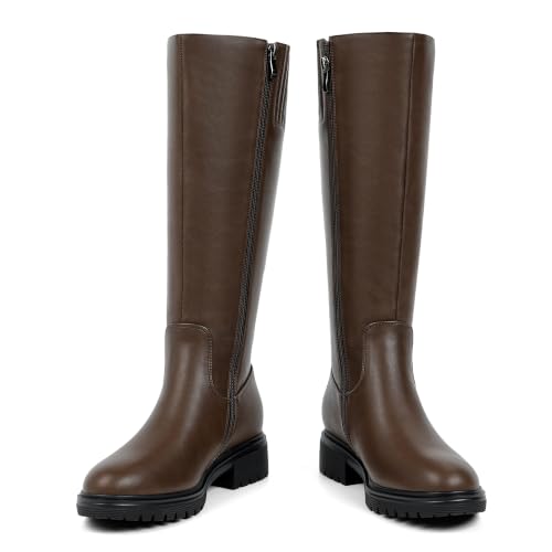 Image of VIUGJNEX Knee High Boots Women Low Heel Flat Chunky Fall Tall Riding Boots