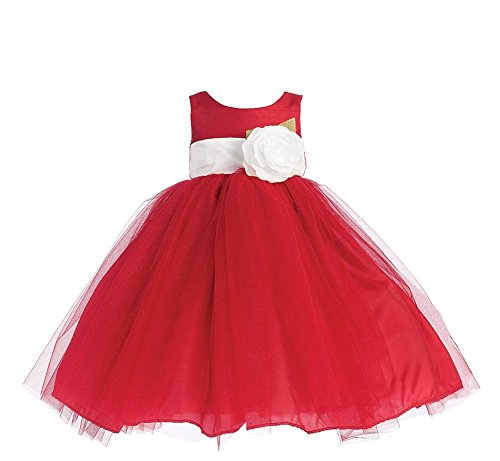 Blossom Poly Silk Bodice & Tulle Skirt Dress with Detachable Flower & Sash (5, Red/White)