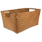 VANZACK Cesta Tejida con Asas de Madera Organizador de Escritorio Multifuncional para Almacenamiento de Artículos Diversos Cesta Decorativa para Hogar y Oficina Mediano Rectangular