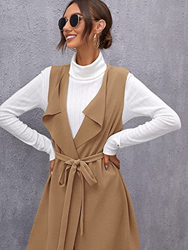Shein Women's Draped Open Front Sleeveless Cardigan Longline Belted Outerwear Duster Vest Khaki X-Large #TOP4