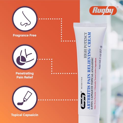 Rugby High Potency Capsaicin 0.075% Cream - Pain Relief Cream for Arthritis - 2 Oz (57g), (4 Pack)
