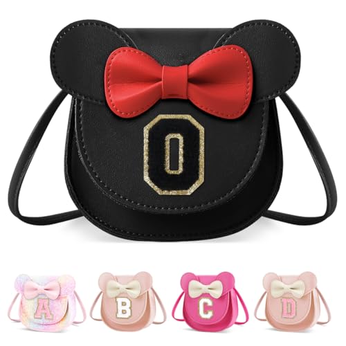 XSUIOY Toddler Purse Girl Wallet for Kids 2-9 Year Old Birthday Gifts,Cute Mouse Ear Bow Crossbody Shoulder Purses,Personalized Initial Purse Toddler Wallet Gifts for Little Girl(black_O)