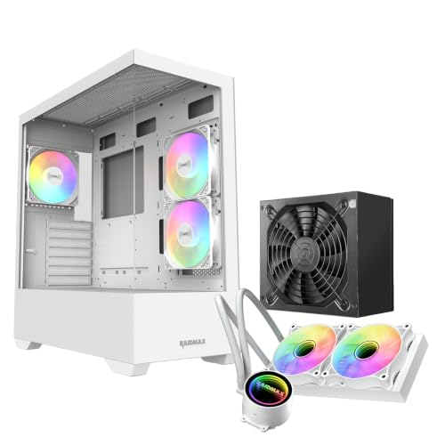 Gabinete Raidmax i801 Aqua View con panel de vidrio templado, diseño panorámico sin estructura de esquina, incluye 3 ventiladores ARGB y soporte para refrigeración líquida de 360 mm y GPU de 400 mm (Combo blanco) miniatura 1