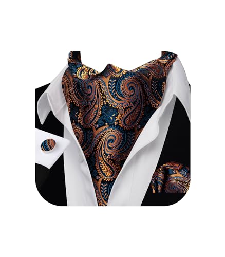 Image of Barry.Wang Ascot Ties Cravat Tie Men Paisley Plaid Scarf Self Tie Pocket Square Cufflinks Set Wedding Party