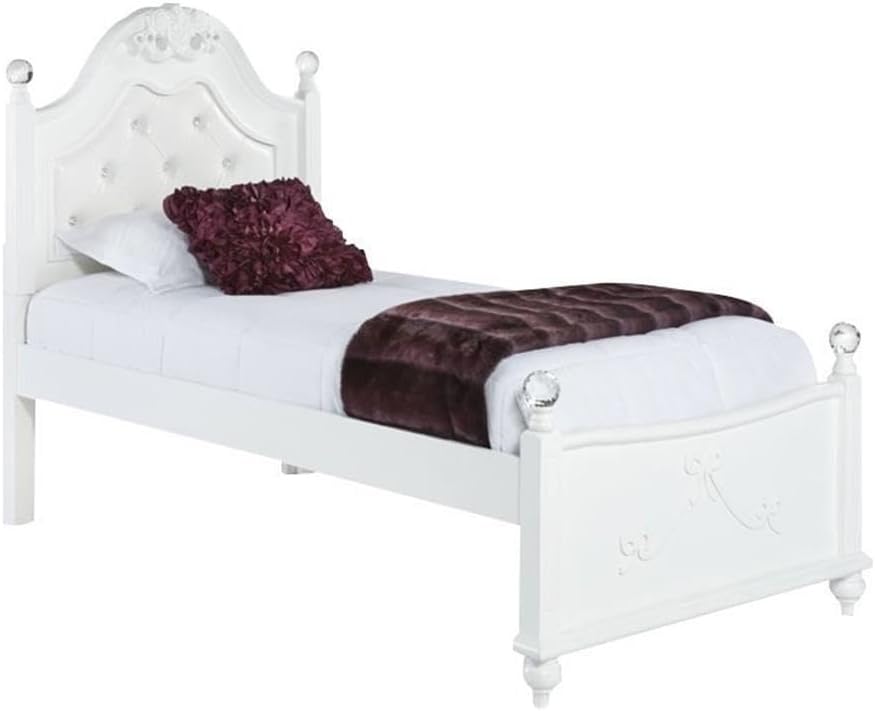 Pemberly Row Traditional Twin Bed, White Faux Leather Tufted Headboard, Crystal Ball Posts, Solid Rubber Wood, Engineered Wood with Okume Veneer, Bow Moldings, Bedroom Furniture