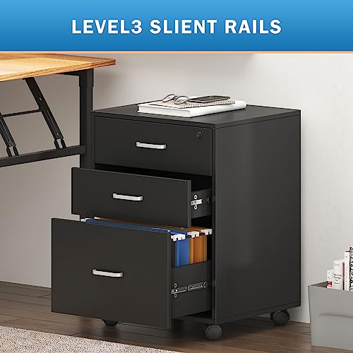 soges 3 Drawer Lockable Vertical File Cabinet Mobile Filing Cabinet on The Wheels, for Home Office,10CZSSFC04-1-5-CA (Black) - Image 6