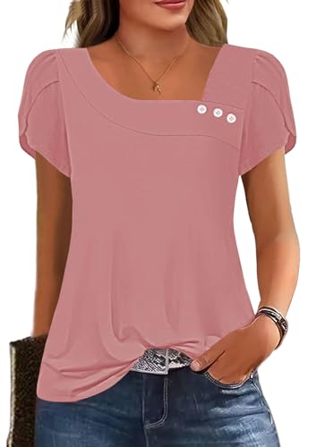 Image of Womens Petal Sleeve Tops Summer Trendy T Shirt Casual Loose Square Neck Button Blouse Tees