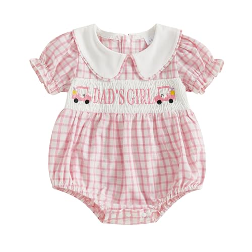 Newborn Baby Girl Summer Clothes Letter Lapel Collar Plaid Romper Smocked Bodysuit Cute Mothers/Fathers Day Outfit