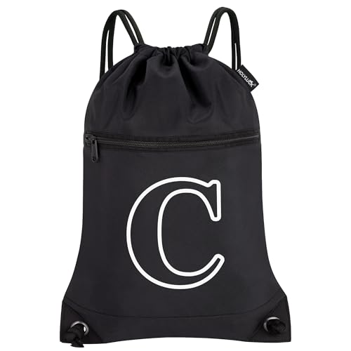 Image of HOLYLUCK Drawstring Bags Initial Backpack Sackpack Cinch Bags for Sports, Gym, Travel, Beach(Black-C)
