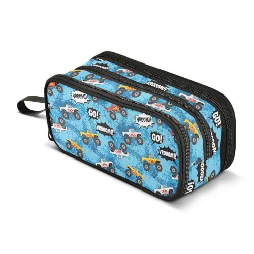 Image of Pencil Case Large Pen Bag with Zipper Cartoon Monster Truck | 3-Compartment Aesthetic Pencil Pouch Stationery Storage and Organizer, Marker Case School Supplies for Teen Adult Girls Boys