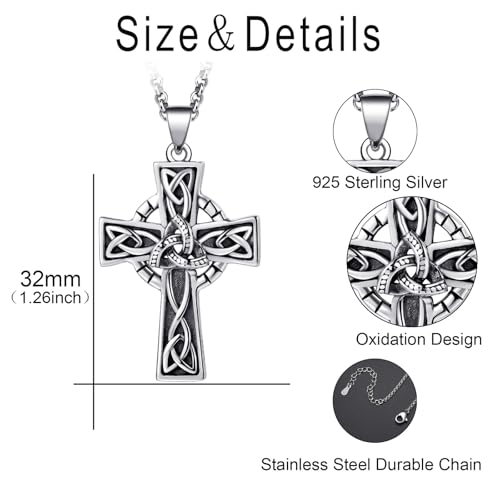 Celtic Cross Necklace 925 Sterling Silver Jewish Cross Pendant Star of David Necklace Clover Viking Irish Jewelry Religious Protective Gift for Men Women3