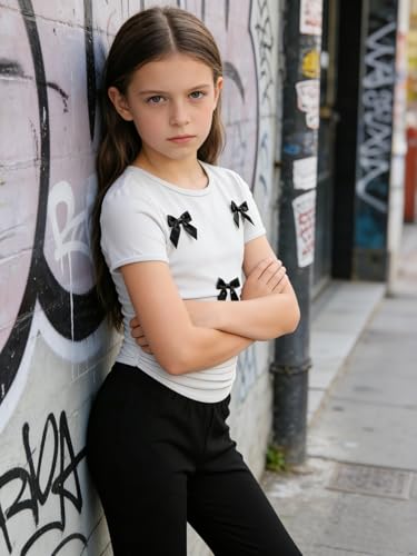 Image of Girls Clothes 2 Piece Short Sleeve Lace Bow Print Tops Flared Pants Set Little Girl Outfits Size 7-14