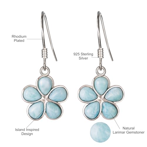 925 Sterling Silver Natural Larimar Gemstone Plumeria Flower Dangle Hook Earrings, Nickle Free Hypoallergenic for Sensitive Skin, Gift Box Included (Small, Larimar Rounded Petals)4