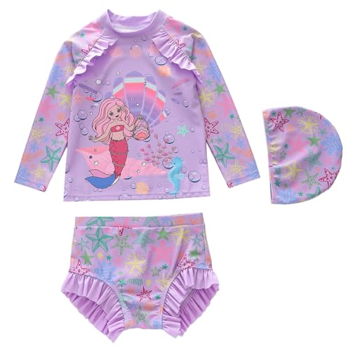 2026 Bonito traje de baño de tres piezas con dibujos animados para niñas, adecuado para niños pequeños, niños y adultos (3-14 años)., Color morado oscuro., 9-11 años