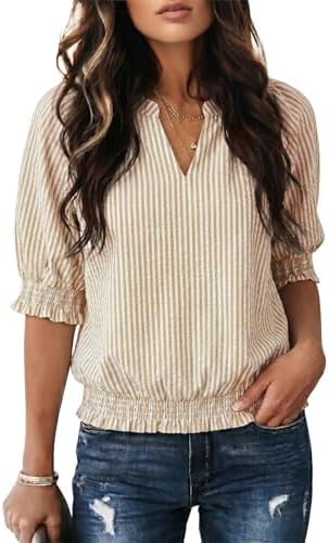 Acelitt Women Striped Puff Sleeve Shirts, S-XXL