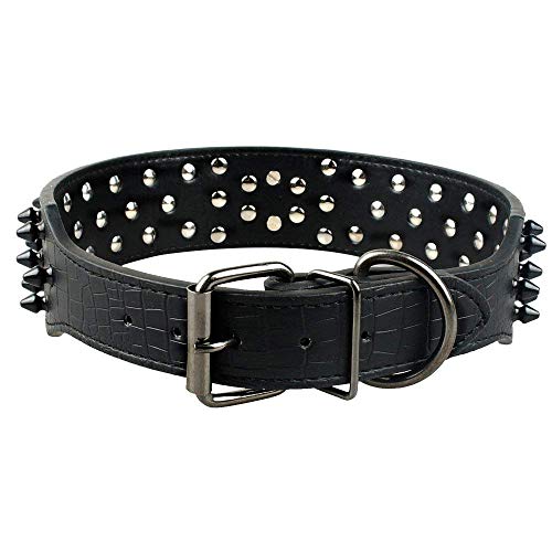 Haoyueer Hundehalsband mit scharfen Nieten, 2 Zoll Breite, stilvolle Lederhalsbänder für mittelgroße und große Hunde Pitbull, Labrador, Boxer, Rottweiler, Deutscher Schäferhund … (L, Schwarz-3)