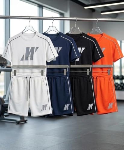 MEZA Men's 2 Piece Sports Set Shorts and T-Shirts, Summer Milton Lycra Material, Round Neck, Vinyl Print, (Black, L)