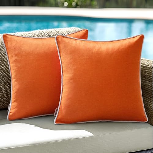ANRODUO Set of 2 Outdoor Waterproof Pillow Covers 18x18 Inch Orange Decorative Throw Pillow Covers Linen Square Solid Color Couch Pillow Covers for Patio Tent Bed Sofa and Living Room Summer Decor