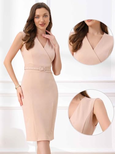 Image of Allegra K Business Dress for Women's Pencil Sheath Work Dress | V Neck Knee-Length Sleeveless Dress With Belted