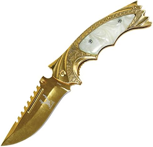 TheBoneEdge 8.5" Spring Assisted Knife with Ridged Top Edge Gold