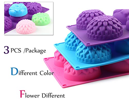 Ailehopy Silicone Flower Shape Soap Molds 3 Packs 6-Cavity Trays For Homemade Cake Chocolate Cupcake Mold Fondant Shape Decorating Ice Cube - Purple Blue Pink #TOP1