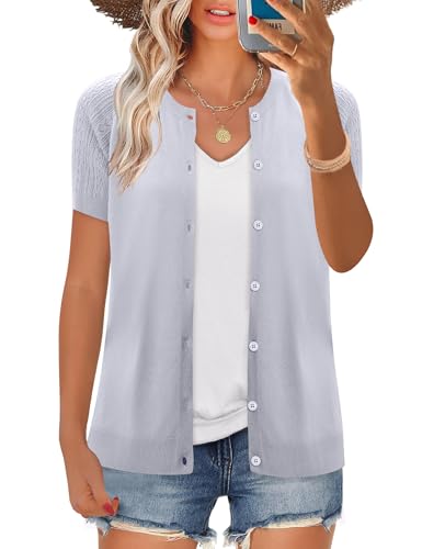 Image of FreshNight Women's 2025 Short Sleeve Cardigan Button Up Hollowed Out Crewneck Shrug Sweaters Knit Sweater Tops Lightweight