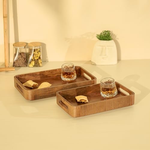 Image of Brick Brown Premium Handcrafted Wooden Duet Nested Serving Trays Set of 2 Tea, Breakfast Tray with Handles - Decorative Coffee Table Organizer Platter for Home, Kitchen, Dining, Restaurant & Office
