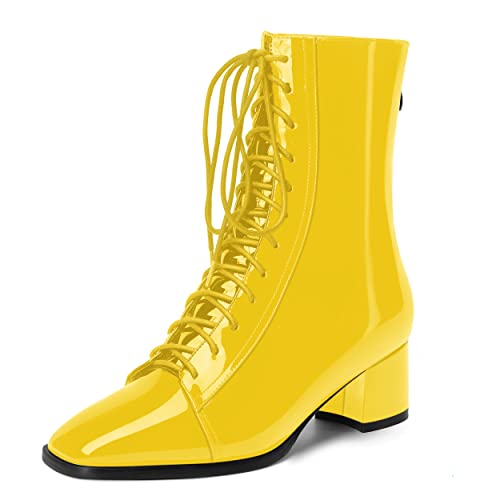 NUMALEO Womens Outdoor Solid Square Toe Self Tie Patent Fashion Chunky Low Heel Mid Calf Boots 2 Inch