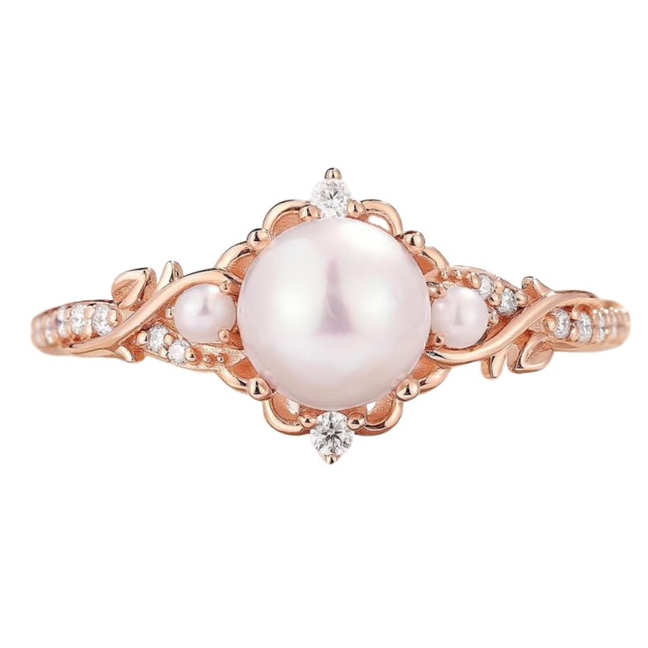 Natural White Pearl Engagement Ring for Women Sterling Silver - Pearl Rings for Women Gold 10K 14K 18K Engagement Birthday Anniversary Jewelry Gifts for Mom Women (AAA Quality)