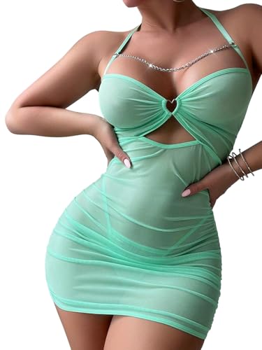 Image of Foxiny Sexy Chain Sheer Mesh Ruched Bodycon Mini Lingerie Dress with Thong 2 Piece Set Outfits